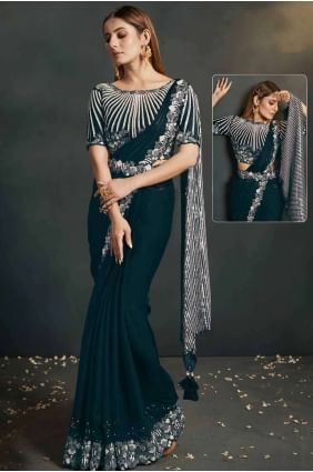 Saree bleu brodé en crêpe avec chemisier SR26925