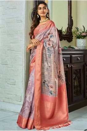 Saree en soie tissé à la main avec impression numérique de tissage en lavande poussiéreuse SR26934
