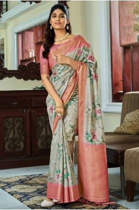 Saree en soie tissé à la main avec impression numérique en gris avec chemisier SR26937