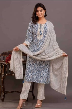 Tailleur pantalon droit en rayonne imprimé bleu SK154236