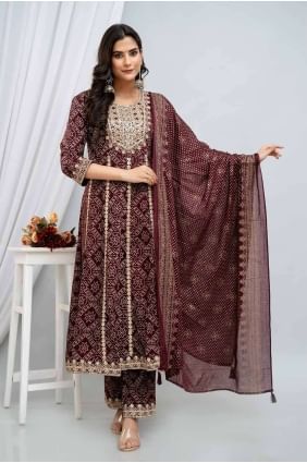 Costume Anarkali en rayonne bordeaux imprimé AS3908