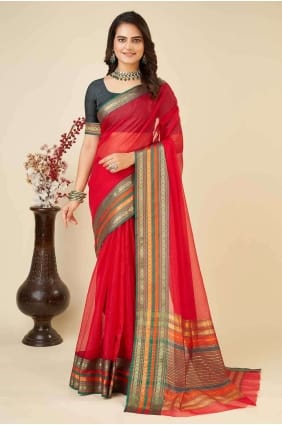 Tissage du sari Kota Doria en rouge SR26938