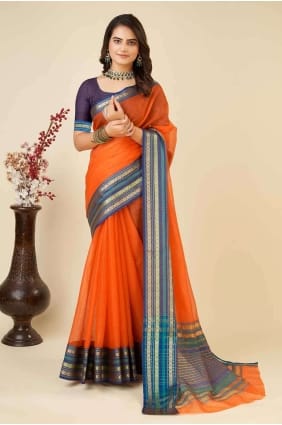 Kota doria Tissage Saree Orange avec Chemisier SR26941