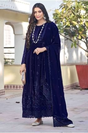 Costume Anarkali Bleu Georgette Brodé AS3911