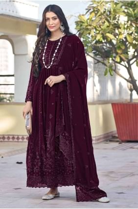 Costume de vin Anarkali en georgette brodée AS3914