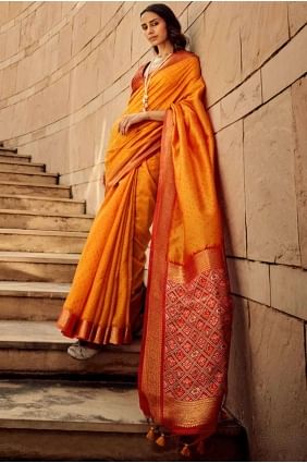 Handloom silk Saree in Orange with Printed,weaving SR26952