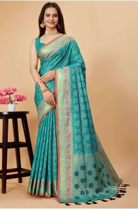 sari in blue silk with weaving SR26962