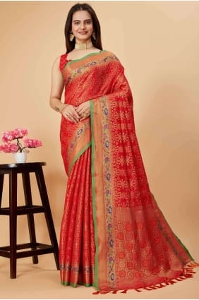 sari en soie rouge avec tissage SR26963