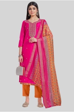 Chanderi en soie imprimé rose Salwar Kameez avec Dupatta SK154256