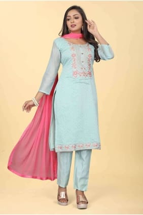 Printed Chanderi silk Firozi Salwar Kameez with Dupatta SK154258
