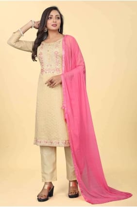 Brown Salwar Kameez in Chanderi silk with Printed SK154259