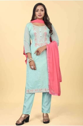 Aqua Printed Salwar Kameez in Chanderi silk SK154260