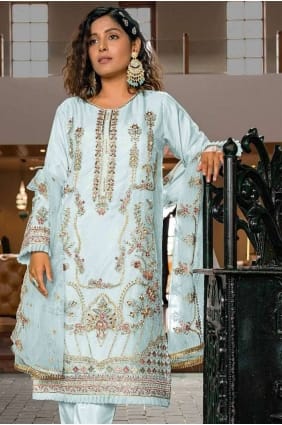 Georgette Kurti in Sky blue with Printed SK154280