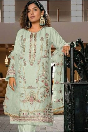 Green Organza Embroidered Straight Pant Suit with Dupatta SK154282