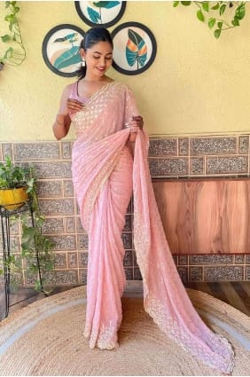 Georgette Embroidered Peach Saree with Blouse SR27032