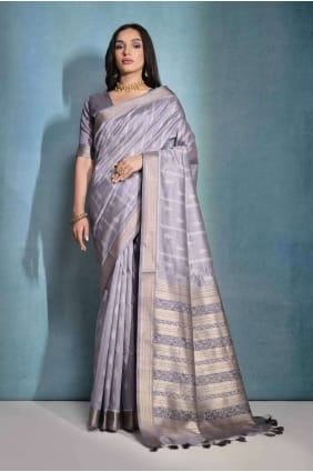 Tussar silk Printed Grey Saree with Blouse SR27097