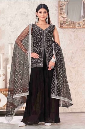 Costume Sharara brodé en georgette noire avec dupatta SS1146