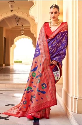 Sari en soie avec imprimé en bleu SR27141