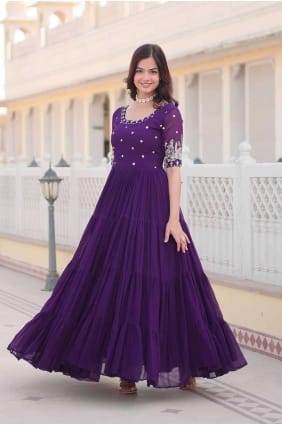 Embroidered Faux georgette Gown Dress in Purple GW0896