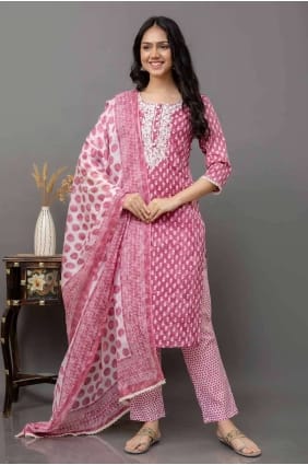 Costume pantalon droit en coton avec broderies en marron SK154387