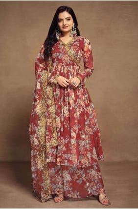 Costume Anarkali en mousseline brodée marron avec Dupatta AS3930