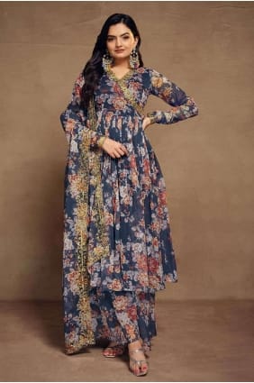 Costume Anarkali bleu avec mousseline brodée AS3931