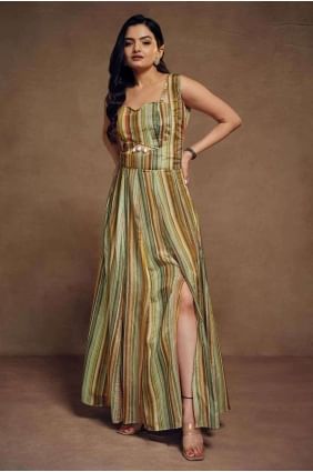 Costume Anarkali brodé en mousseline multicolore avec Dupatta SK154689