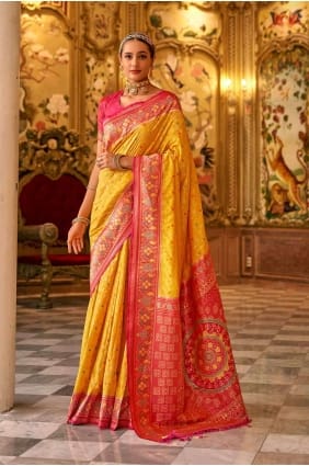 Sari en soie Banarasi jaune avec tissage SR27164