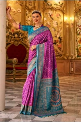 Sari bleu en tissage de soie Banarasi SR27165