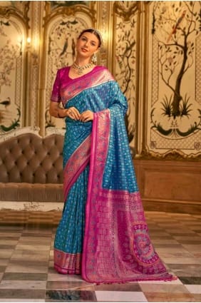 Tissage de sari bleu ciel en soie de Banarasi avec chemisier SR27167