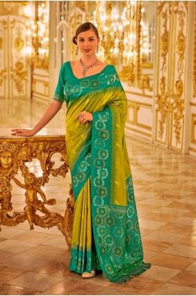 Sari en soie Banarasi avec tissage en jaune citron SR27171