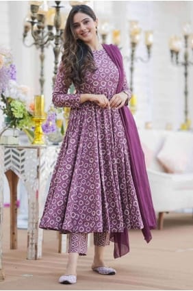 Costume Anarkali brodé violet en coton AS3944