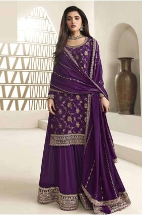 Costume sharara brodé en mousseline de soie violette avec dupatta SS1156