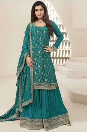 Costume sharara en mousseline de soie brodé bleu ciel avec dupatta SS1157