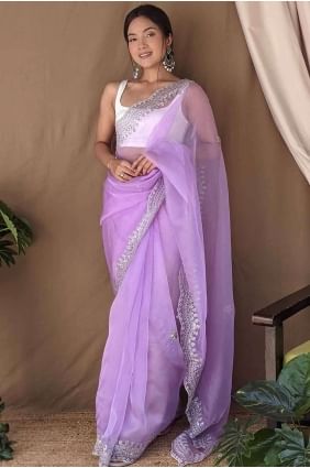 sari en organza violet avec broderie SR27206