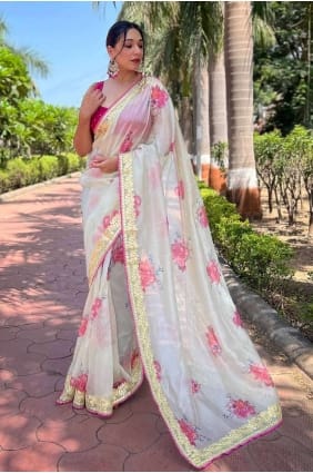 sari vert brodé en organza avec chemisier SR27218