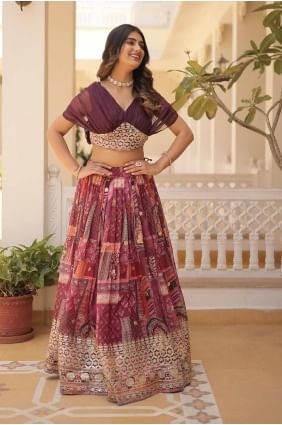 Lehenga Choli en soie avec imprimé numérique de vin LC7913