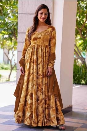 robe en rayonne imprimée marron avec dupatta GW0914