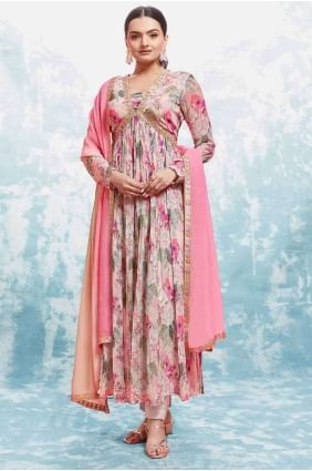 Costume en georgette Anarkali en rose avec broderie AS3947