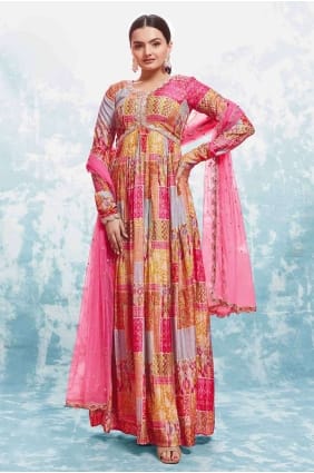Costume Anarkali multicolore brodé en georgette avec dupatta AS3948