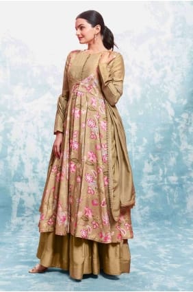 Costume Anarkali marron brodé en georgette avec dupatta AS3951