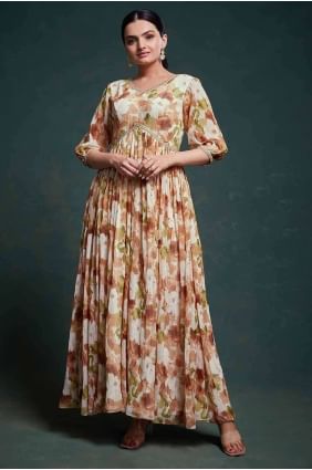 Costume Anarkali en organza crème avec broderie AS3953