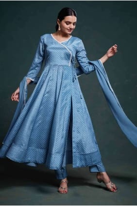 costume anarkali en mousseline bleue avec broderie AS3956