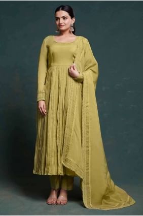 Costume Anarkali en organza vert avec imprimé AS3958