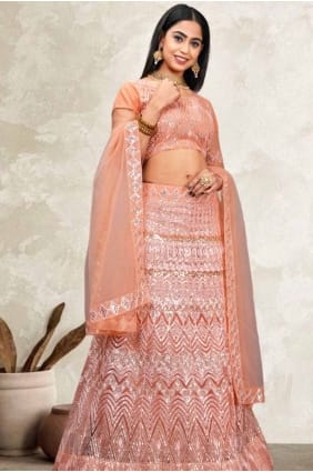 choli lehenga brodé en filet pêche LC7917