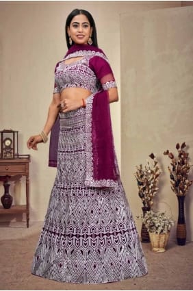 Net Lehenga Choli en vin avec broderie LC7919