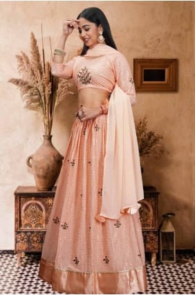 choli lehenga en georgette brodée en pêche avec dupatta LC7924