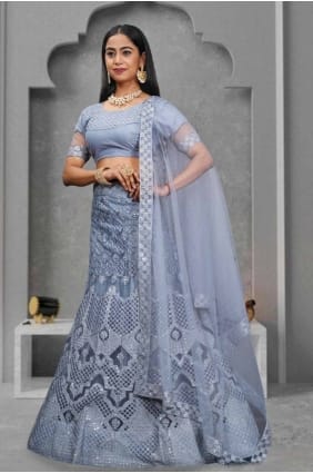 Résille lehenga choli en gris avec broderie LC7926
