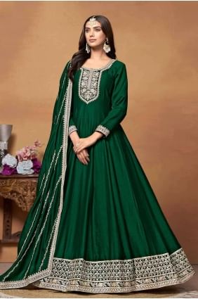 Costume Anarkali brodé vert en soie d’art AS3960