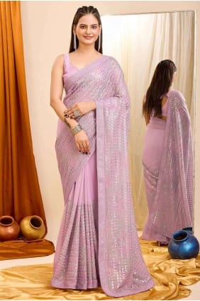 sari en georgette brodée en violet avec chemisier SR27267